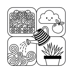 Black and white garden illustration with flowers cloud and watering can