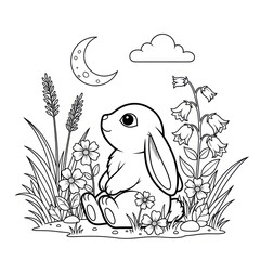 Black and white illustration of a rabbit sitting under the moon and clouds