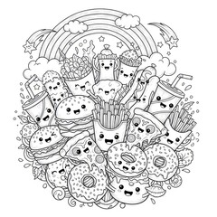 Black and white food illustration featuring smiling characters and rainbows