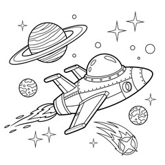 Black and white illustration of a spaceship planets and stars in space