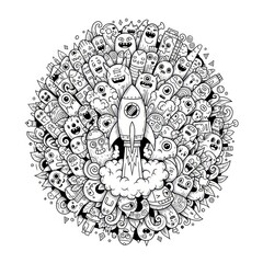 Black and white doodle art rocket launching with funny characters