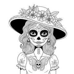 Black and white illustration of a sugar skull woman with floral hat