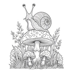 Black and white illustration of a snail on a mushroom in a natural setting