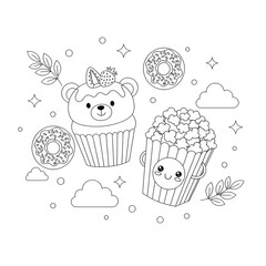 Black and white food illustrations of cupcake popcorn and donuts with decorative elements