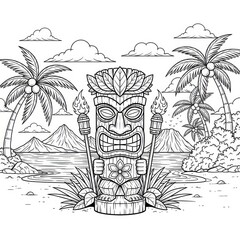 Black and white illustration of a tiki statue with palm trees and landscape