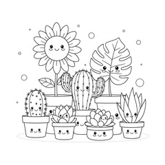 Black and white illustration of cartoon potted plants with smiling faces