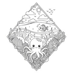 Black and white illustration of an octopus fish and underwater scene