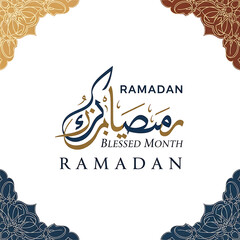 Ramadan Blessed Month Design with Arabic Calligraphy and Floral Ornament Corner on White Background for Islamic Holiday
