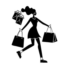 A stylish woman silhouette carrying shopping bags, celebrating Black Friday discounts with joy