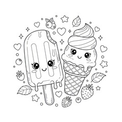 Black and white illustration of ice cream and popsicle with cute cartoon faces