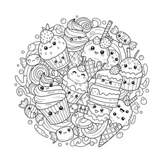 Black and white illustration of kawaii dessert elements in circular composition