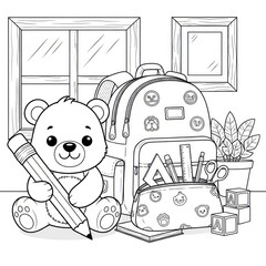 Black and white illustration of teddy bear and school supplies ready for learning