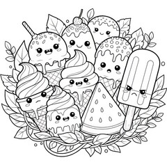 Black and white kawaii ice cream dessert illustration for coloring page