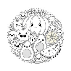 Black and white illustration of various smiling fruits and vegetables
