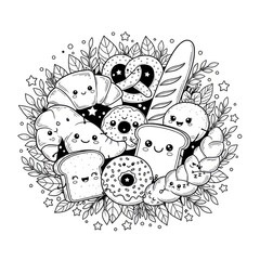 Black and white illustration of various baked goods with cute expressions