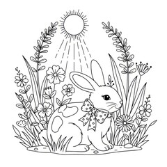 Bunny in garden surrounded by flowers and sunlight black and white illustration