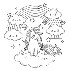 Black and white unicorn with rainbow and clouds illustration for coloring page