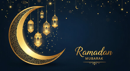Ramadan Mubarak Dark Blue and Gold Background with Crescent Moon and Lanterns Islamic Festive Season Celebration Arabian Culture Greeting