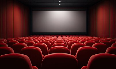 Fototapeta premium Empty movie theater with red seats and bright screen, awaiting audience