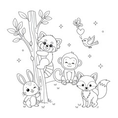 Cartoon animals in a whimsical forest scene with a tree and butterfly