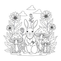 Bunny surrounded by flowers and mushrooms illustration for coloring page