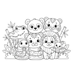 Cartoon animals in black and white tiger panda snake alligator and friends