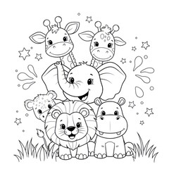 Cartoon animals illustration in black and white design with stars