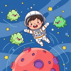 Cartoon astronaut exploring space surrounded by planets and aliens