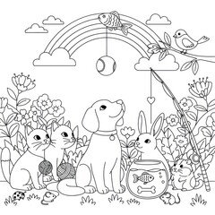 Cartoon animals enjoying nature dog cats rabbit hamster rainbow flowers
