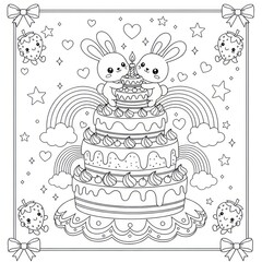 Bunny rabbit characters celebrate birthday with cake outline illustration