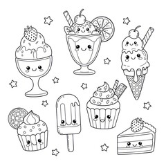 Black and white kawaii dessert illustrations with ice cream cupcake and cake