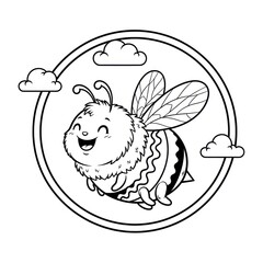 Cartoon bee flying in a circle with clouds isolated design element