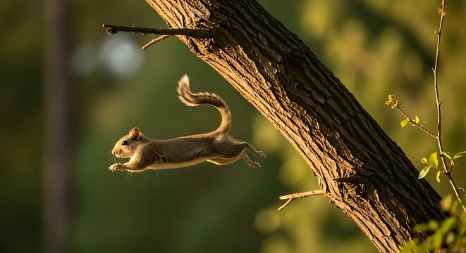Red squirrel leaping between tree branches in sunlight
