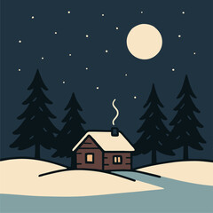 Christmas winter night landscape scene of a house and tree in a snowy village forest under a blue sky with stars