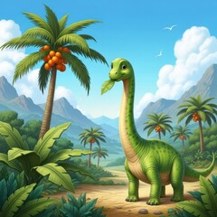 Cartoon dinosaur eating a leaf in a tropical landscape under a sunny sky