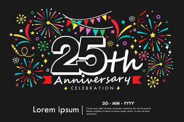 25th years anniversary celebration emblem with colorful fireworks, stars, bunting flag and ribbon on black background. vector illustration template design for web banner