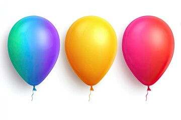 Three colorful, glossy balloons of blue-green, yellow, and red-pink float against a white background
