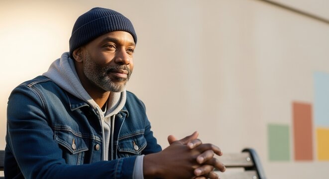 A thoughtful homeless man sitting on a bench outdoors. Portrait of a middle-aged african american man facing hardship and poverty. Social issues and homelessness concept with copy space