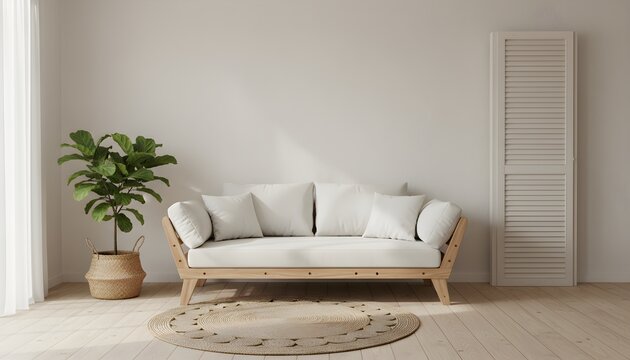 Cozy Living Room Interior Minimalist Design with a Sofa, Plant, and Natural Light