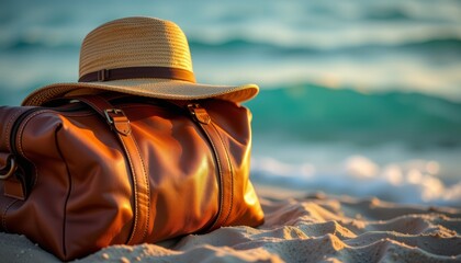 Beach getaway essentials brown leather travel bag with straw hat oceanfront lifestyle photography serene environment relaxation concept