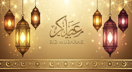 Eid Mubarak Greeting with Golden Arabic Calligraphy, Glowing Lanterns and Ornament on Light Gold Background for Festive Islamic Celebrations
