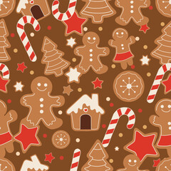 Flat vector seamless pattern featuring gingerbread cookies, candy canes, and star shapes in warm brown and red tones, perfect for Christmas and holiday baking themes.