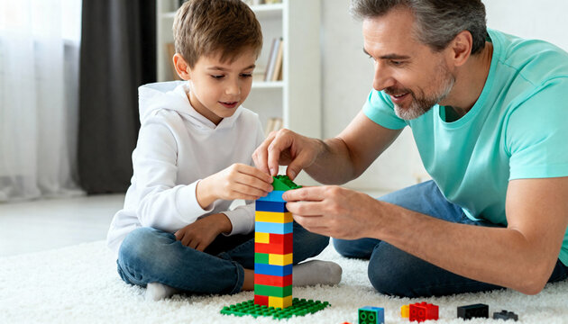 Father and son playing together with colorful building blocks at home. Parent and child building a plastic tower on the floor. Family bonding and childhood development concept
