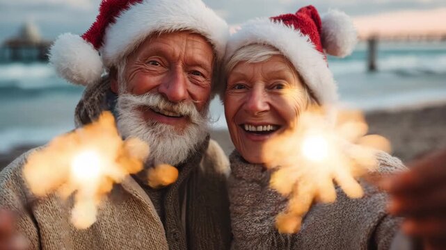 Cheerful senior couple wearing santa hats, enjoying a festive moment with sparklers on the beach