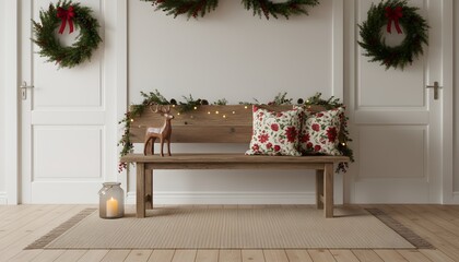 Cozy home entryway bench elegantly decorated for Christmas, featuring classic wreaths, a festive garland, and red accent pillows, creating a welcoming holiday ambiance