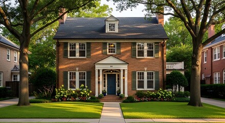 Charming brick house with green shutters surrounded by lush greenery and trees