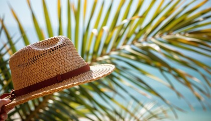 Beach scene woven straw hat tropical environment summer vibes relaxation serenity