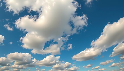 Scattered bright white cumulus clouds open sky nature photography serene environment high angle tranquil atmosphere