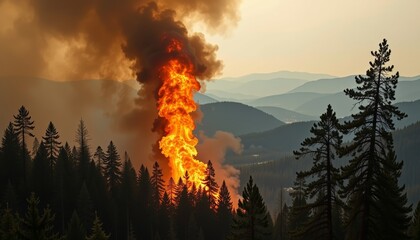 Intense wildfire erupts high above forested mountains california nature photography dramatic sky aerial view environmental crisis