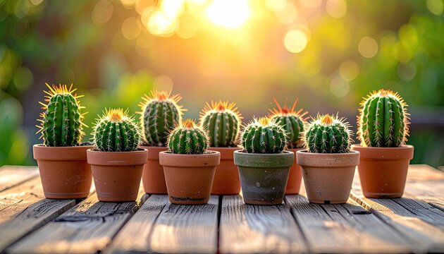A collection of small potted cacti lined up on a rustic wooden surface, bathed in the warm glow of sunset.